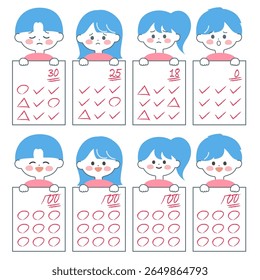 Ilustração de uma criança que está feliz e desapontada com seus resultados de teste