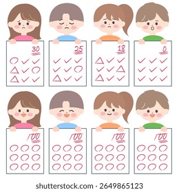 Ilustração de uma criança que está feliz e desapontada com seus resultados de teste