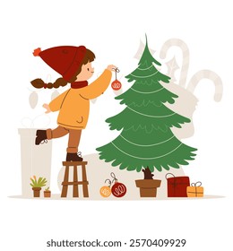 Illustration of a child in winter clothing decorating a Christmas tree with ornaments, surrounded by gifts and festive decor.