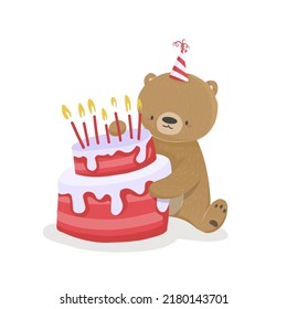 Illustration of a childish cartoon happy bear with cake holiday, for print, design, poster, greeting card, postcard