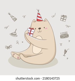 Illustration of a childish cartoon happy bear for a holiday for print, poster, greeting card
