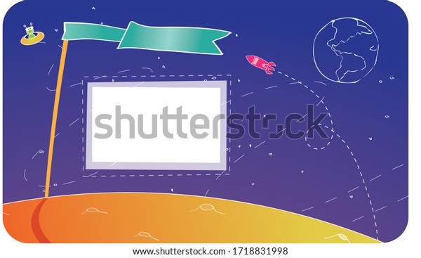 A illustration in a childish style of a vision of\
the moon surface with a green flag, and in the background is\
visible the planet Earth, a red rocket and a flying saucer with a\
little alien inside.