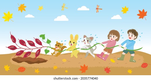 Illustration Of Children And Animals Digging For Sweet Potatoes.