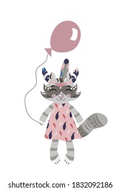 
Illustration for children animals, items in the scandinavian style 
poster for children in scandinavian raccoon with a balloon
