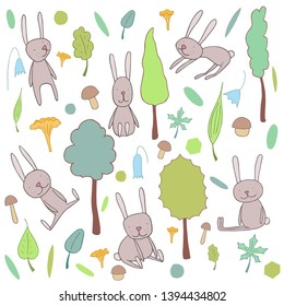 Illustration for children with animals and plants. Includes rabbits, trees, mushrooms, flowers and leaves.  Isolated on white for greeting cards, scrapbooking and textiles. In gray-green tones.