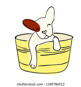 Illustration for children. Bathing puppies. Puppies of a French bulldog in a bath for bathing. Grooming dogs and caring for their wool.