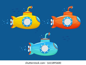 Illustration for children book, video tutorial or cartoon, the set of submarines in the water, baby shark style. Flat design vector illustration. 