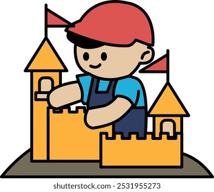 Illustration of children building sand castles in line drawing style.