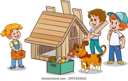 Illustration of Children Building a Wooden Playhouse. Woodworking