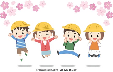 Illustration of children carrying school backpacks and cherry blossoms in spring