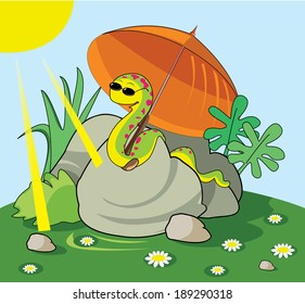 illustration for children cartoon snake basking in the sun vector