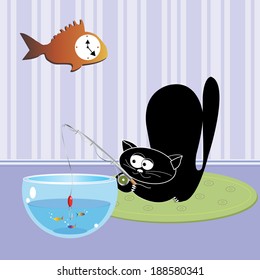 illustration for children cat fisherman in a room with an aquarium