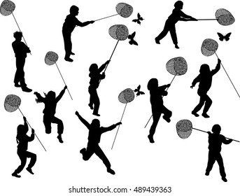 illustration with children catching butterflies silhouettes isolated on white background