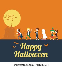 Illustration of Children in colorful costumes go trick-or-treating on Halloween