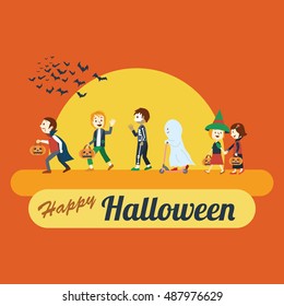 Illustration of Children in colorful costumes go trick-or-treating on Halloween