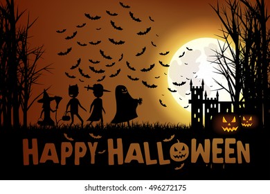 Illustration of Children in colorful costumes go trick-or-treating on Halloween