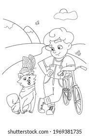 Ilustración de un libro de colorear para niños. Un niño con una bicicleta y un perro con una mariposa en la oreja