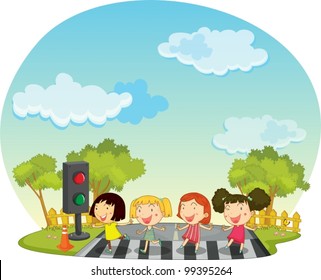 Illustration of Children crossing the street