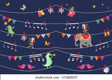 Illustration for children with cute cartoon animals - acrobats. Cheerful elephant, crocodiles, monkeys and butterfly. Design elements. Greeting card. Beautiful seamless pattern in indian style.