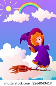 An illustration for children depicting a little red-haired witch girl flying through a clear sky on a broomstick on a sunny day. Vector illustration.