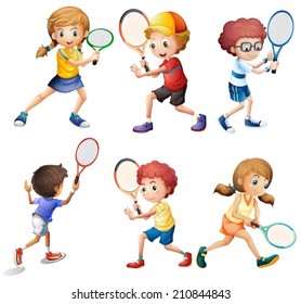 Illustration of children with different positions of playing tennis