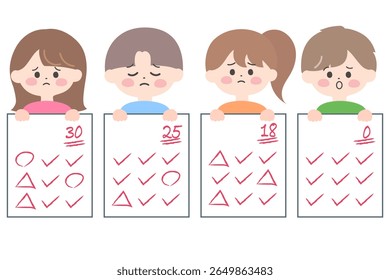 Ilustração de crianças desapontadas com baixos resultados de teste
