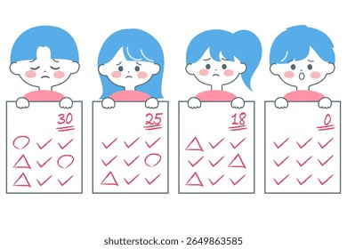Ilustração de crianças desapontadas com baixos resultados de teste
