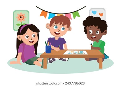 Illustration of children doing arts and crafts, boys and girls doing preschool activities. vector illustration