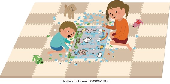 It is an illustration of children doing a puzzle.