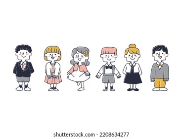 Illustration of children dressed in plain clothes, comical hand-drawn characters