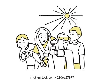 Illustration of children drinking water with safe water and toilets all over the world