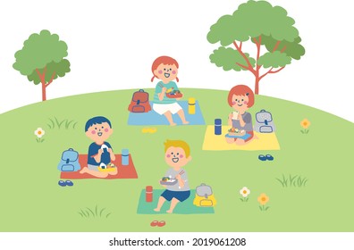 Illustration von Kindern, die zu einem Picknick zu Mittag essen