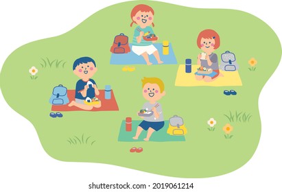 Illustration of children eating lunch at a picnic