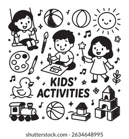 Illustration of children engaging in various playful activities, including drawing, swinging, and playing with toys. Surrounded by playful elements like a sun, musical notes, and a toy train.