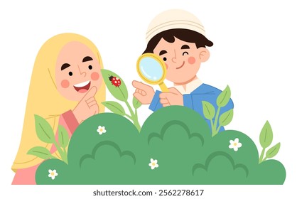 Illustration of children exploring nature with a magnifying glass