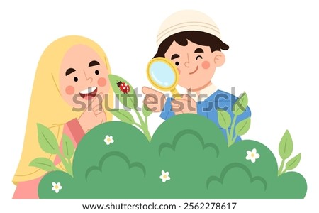 Illustration of children exploring nature with a magnifying glass