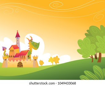 Illustration for children with fairytale castle and dragon.