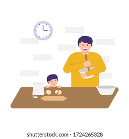 illustration Children and fathers participate in cooking and doing homework. concept time with parents, activities in the house. flat design. can be used for elements, landing pages, UI.