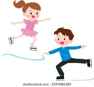 Illustration of children figure skating. Ice skating.  Cute, fun. Vector illustration.