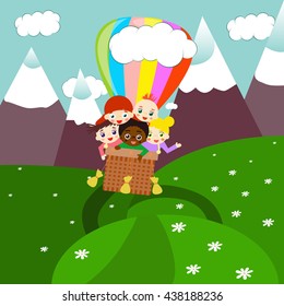 Illustration of children flying with air balloon above mountains.