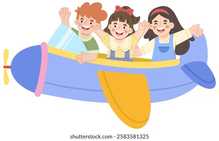 Illustration of children flying by airplane