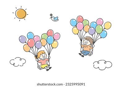 Illustration of children flying in the sky with balloons.