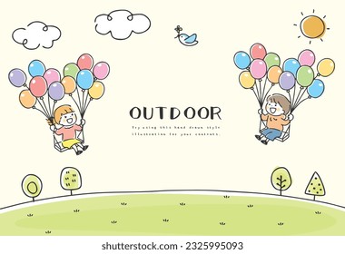 Ilustración de niños volando en el cielo con globos.