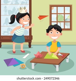 Illustration Of Children Folding The Paper,vector