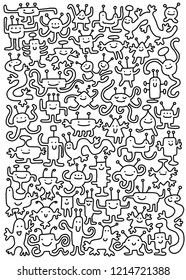 Illustration for children with funny, different aliens in the style of Doodle. Good for children's coloring or textile prints
