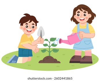 Illustration of Children Gardening Together in a Green Space
