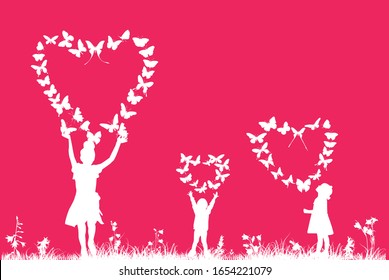 illustration with children in grass with hearts from flying butterflies isolated on red background