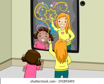 Illustration Of Children Happily Playing With An Interactive Mirror