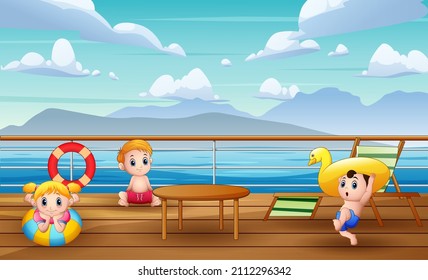 Illustration of children having fun on ship deck