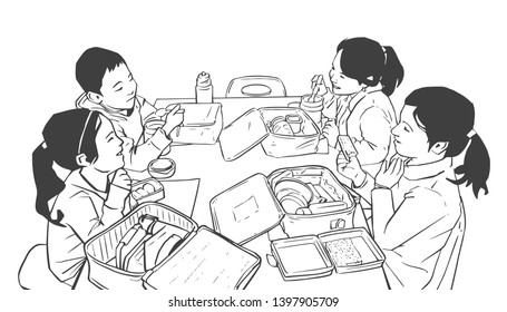 Illustration of children having lunch in school, kindergarten